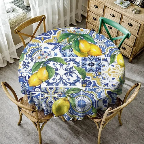 Mantel con diseño floral tradicional de frutas de otoño para decoración de cenas de pícnic, color azul limón, redondo (36 x 36 pulgadas)