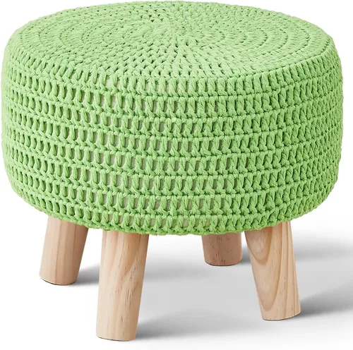 Wimarsbon Puf otomano, reposapiés bohemio de punto 100% algodón, reposapiés redondo con patas de madera antideslizantes, decoración del hogar, puf