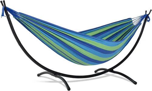 SUNCREAT Hamaca portátil para exteriores con soporte incluido, hamaca doble con soporte para exteriores, rayas azules y verdes