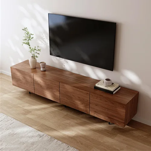 Miniatura 14 de Soporte de TV moderno de mediados de siglo, consola negra de 94.5 pulgadas para televisores de 65 a 85 pulgadas, 4 puertas de gabinete con 6