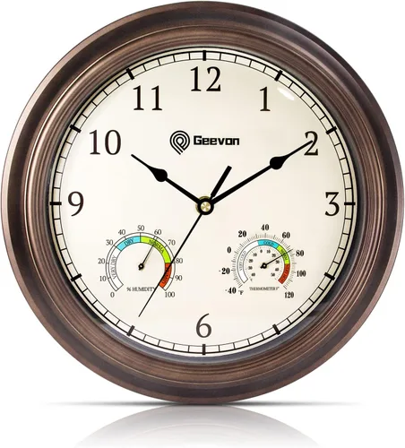 Geevon - Reloj de pared vintage de 12" sin tictac con higrómetro y termómetro, relojes de pared decorativos de cuarzo operados con pilas para