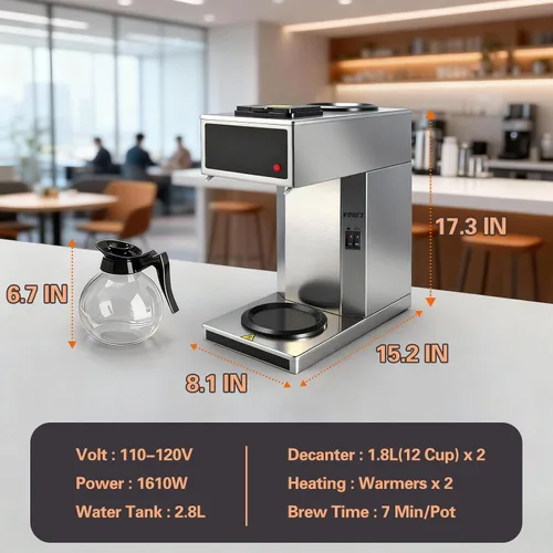 Miniatura 4 de VONCI Cafetera comercial de 1610 W, cafetera de goteo de 12 tazas, 2 jarras de vidrio y 2 calentadores, carcasa y embudo de acero inoxidable
