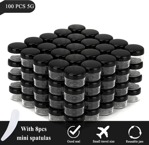 Miniatura 5 de 100 piezas de 5 gramos Envases de muestra, tarros vacíos de 5 ml con tapas, envases cosméticos pequeños, tarros de muestra mini con 8 piezas de mini