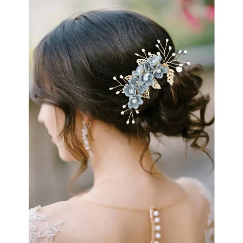 Miniatura 2 de inSowni - Juego de 20 peines laterales elegantes de color azul polvoriento con flores para novias, accesorios para el cabello para bodas, pinzas