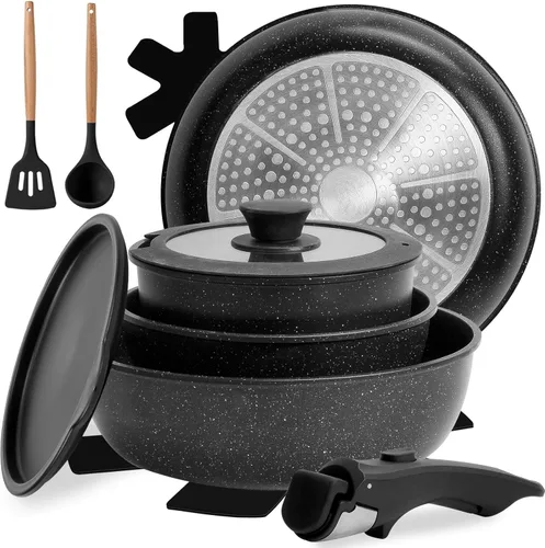 Numola Juego de 10 ollas y sartenes antiadherentes con mango desmontable, juego de utensilios de cocina de cerámica para apilables, juego de Negro