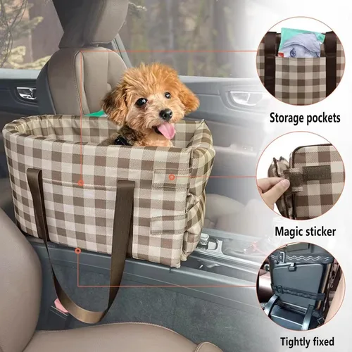 Miniatura 7 de Asiento elevador de seguridad para mascotas, asiento de automóvil con consola central para perros pequeños, gatos, asiento elevador para A cuadros
