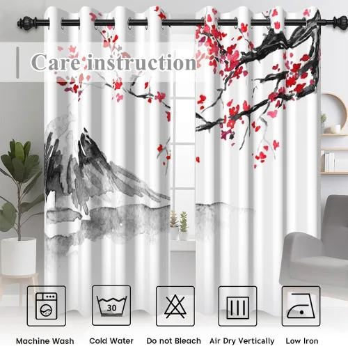 Miniatura 142 de Cortinas japonesas con pintura de tinta, monte Fuji, sol rojo, puesta de sol, hojas de bambú, cortinas de ventana para dormitorio, sala de estar