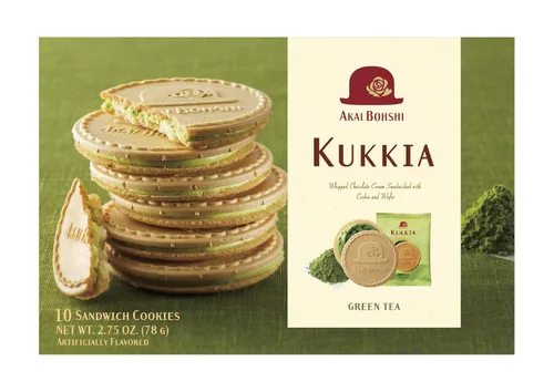 Miniatura 2 de Kukkia Matcha(té verde) Chocolate (paquete nuevo) 10 unidades/caja - Té verde batido crema de chocolate sándwich con oblea (Gaufrette) y galleta
