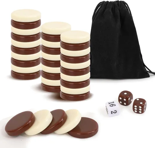 Miniatura 10 de Piezas de Damas - Piezas de Backgammon - Marrón Oscuro/Natural 15 piezas Cada (Negro y Beige, 27mm/1.06in)