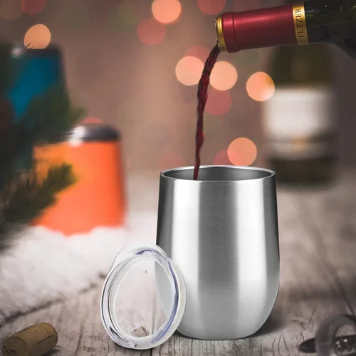 Miniatura 5 de MEWAY Vaso de vino sin tallo de 12 onzas con tapa, vaso de viaje de acero inoxidable con aislamiento de doble pared al vacío con popote