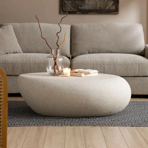 Miniatura 24 de JUSTONE Mesa de Centro Redonda para Sala de Estar, Mesa de Acento Moderna de 31.5 Pulgadas con Acabado de Piedra Artificial Beige Desgastado, Mesa