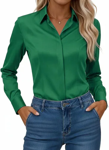Miniatura 18 de Gleeivy Camisa con botones para mujer, solapa con botones ocultos, ligera, transpirable, resistente a las manchas, manga larga, trabajo e informal