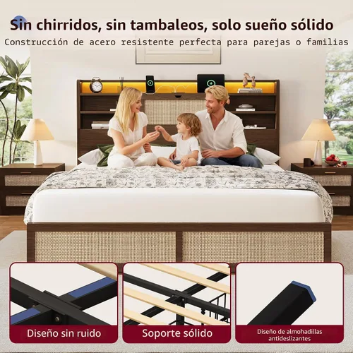 Miniatura 7 de BRELTAM Marco de cama de ratán tamaño Queen con 4 cajones de almacenamiento y cabecera de almacenamiento oculto, marco de cama de plataforma