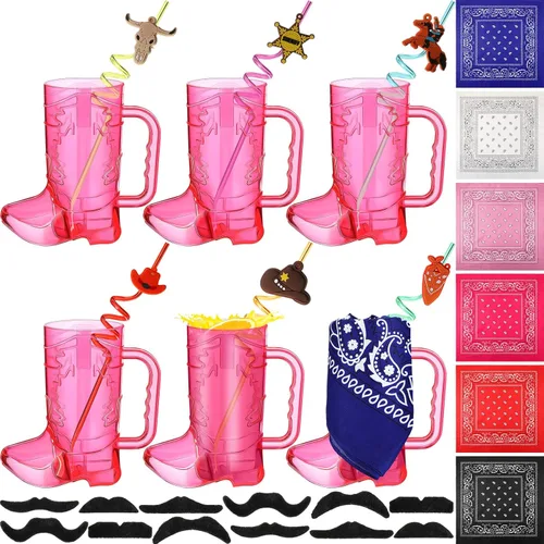 Miniatura 8 de Sliner 30 piezas de recuerdos de fiesta de vaquero incluyen 6 tazas de botas de vaquero de 20 onzas, 6 pajitas de plástico de vaquera, 6 bandanas