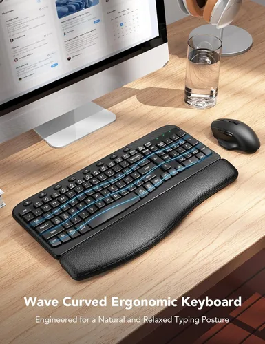 Miniatura 2 de Combo de teclado y mouse inalámbricos – Tecla de onda ergonómica, reposa muñecas de cuero suave incorporado, 2.4G de tamaño completo, 8 teclas