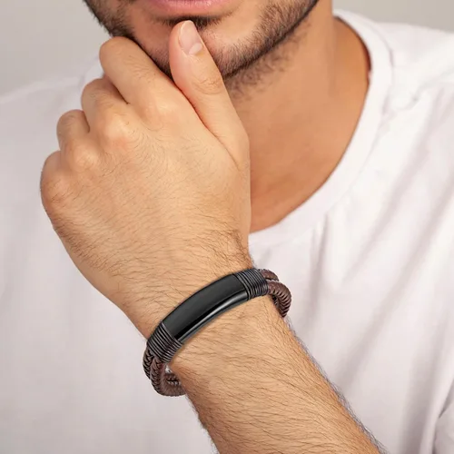 Miniatura 2 de murtoo Pulsera para hombre de cuero y acero, pulseras trenzadas de doble fila para hombres con cierre magnético de acero inoxidable, regalo elegante