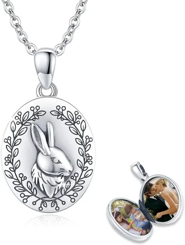 OHAYOO Collar con medallón de conejo de plata de ley 925 con medallón de fotos de conejito vintage que sostiene fotos, regalo personalizado para