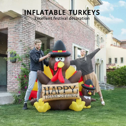 Miniatura 3 de VIVOHOME - Decoración de jardín inflable de 6 pies, figura de familia de pavos con iluminación LED para el día de Acción de Gracias