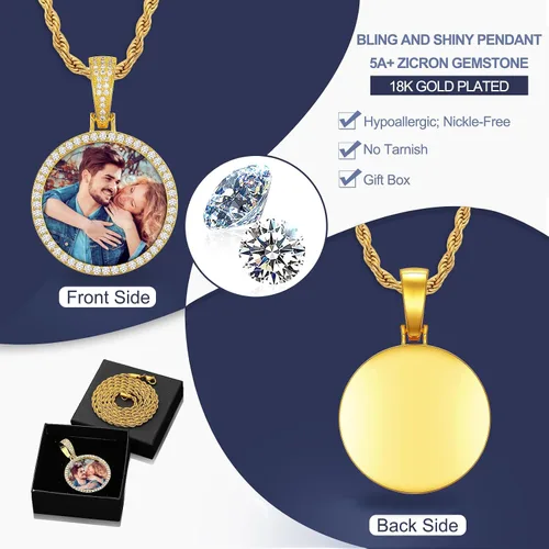 Miniatura 8 de YIMERAIRE Collar personalizado con imagen chapado en oro de 18 quilates, negrooroplata, cadena circular personalizada con dije de placa de perro CZ