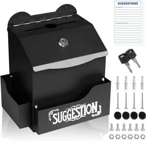 Ydocabinit Caja de sugerencias de metal con letras de sugerencias, montaje en pared y mesa con soporte para bolígrafo con candado, 50 tarjetas de