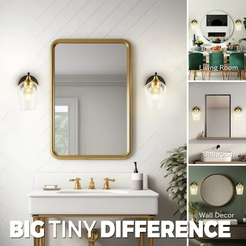 Miniatura 5 de Hamilyeah Juego de 2 apliques de pared dorados, apliques negros con pantalla de vidrio champán transparente, iluminación industrial para baño