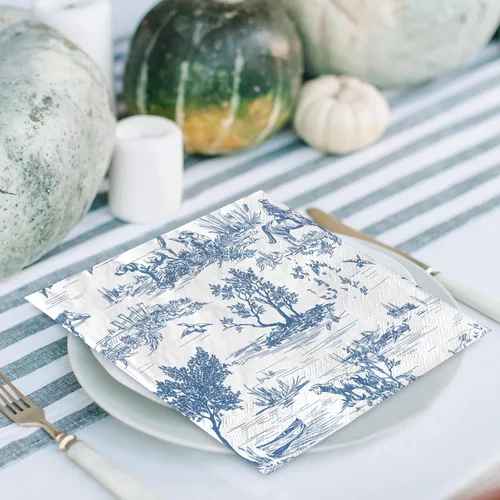Miniatura 4 de AnyDesign 80 servilletas de papel azul y blanco clásicas con estampado de pueblo francés, servilletas desechables rústicas decorativas para cena