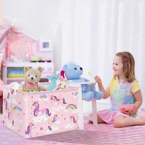 Miniatura 3 de Clastyle Adorable cesta de estante de unicornios rosados para niños, diseño de nube, corazón, arco iris, cesta de regalo rectangular para ropa