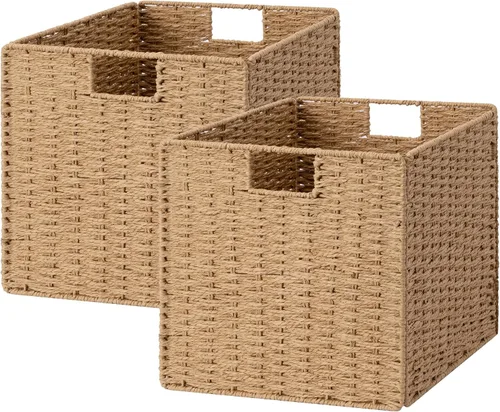 Miniatura 19 de StorageWorks Cestas de mimbre de 11 pulgadas, cubos de almacenamiento tejidos a mano con asas, cesta plegable de cuerda de papel para organizar