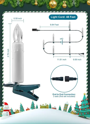 Miniatura 7 de Luces de cadena de velas para árbol de Navidad enchufables, 50 luces LED de velas sin llama con clips, luces parpadeantes de velas de 48 pies
