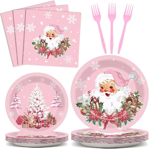 Juego de vajilla rosa para fiesta de Navidad, 96 piezas, suministros de fiesta de copos de nieve de Papá Noel, platos desechables para árbol de