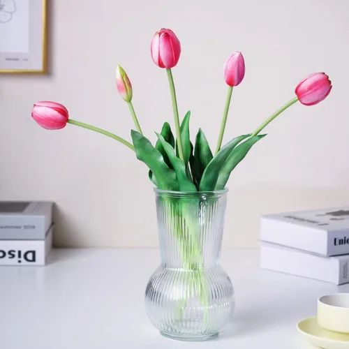 Miniatura 14 de Tulipanes falsos de tacto real premium de 16 pulgadas, flores artificiales con brotes, tallo flexible fácil de moldear, tulipanes sintéticos