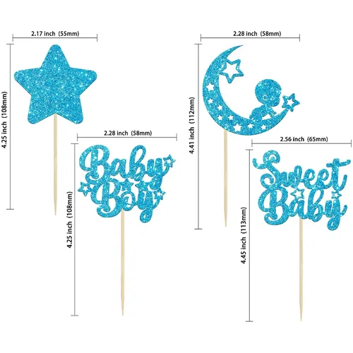 Miniatura 2 de Gyufise 24 piezas de adornos azules para cupcakes para bebé, con purpurina azul, estrellas, luna, dulce baby shower, niño, cupcakes para baby