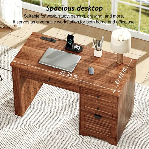 Miniatura 5 de Ieejdn 47" Home Office Desks, Executive Desk, Farmhouse Computer Desk with Drawers and Charging Station, File Drawer, Storage Cabinet, Rustic