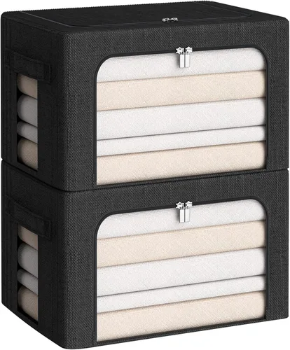 Miniatura 10 de CYhom Caja de almacenamiento de ropa, juego organizador plegable de tela de lino con ventana transparente, asas de transporte y marco de metal, 2