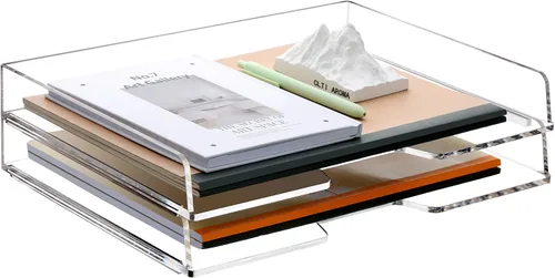 Miniatura 10 de SANRUI Organizador de Bandeja de Cartas de 2 Niveles con Cajón Deslizante, Organizador de Escritorio Apilable, Bandeja de Papel de Acrílico