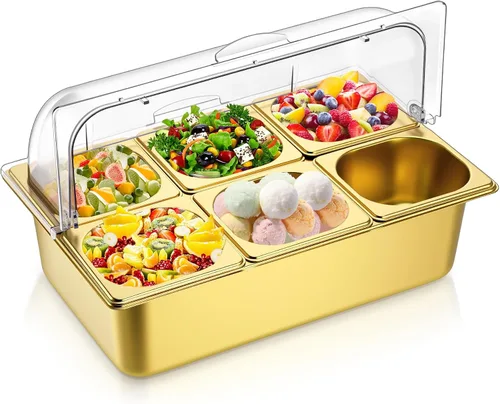Ziliny Contenedor de exhibición de alimentos para encimera, cubierta superior de rollo transparente, 6 sartenes, acero inoxidable, helado, bufé,