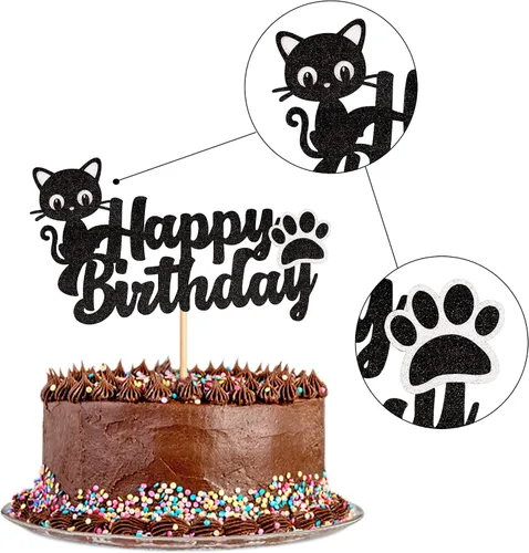 Miniatura 3 de 1 pieza de decoración de pastel de cumpleaños de gatito negro con purpurina para pastel de cumpleaños para amantes de los gatos, baby shower, niños