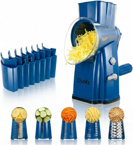 Rallador rotativo de queso mejorado con asa, base de succión fuerte, rebanador giratorio multiusos con 5 cuchillas intercambiables para hielo, Azul
