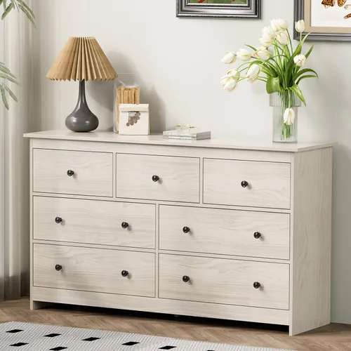 Miniatura 9 de Tradare Cómoda blanca de 7 cajones para dormitorio, cómoda de madera de 55 pulgadas de ancho con asas de metal, organizador moderno y grande