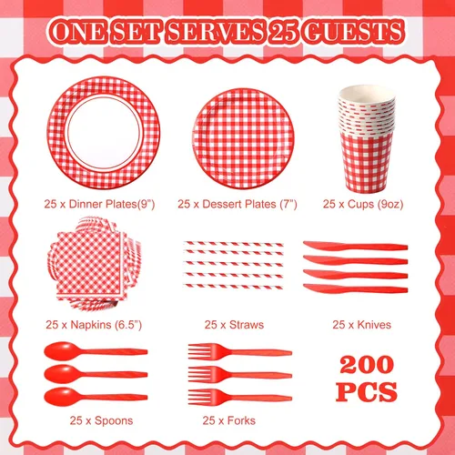 Miniatura 2 de Sieral 200 piezas de suministros de fiesta de cuadros rojos para 25 invitados, kits de vajilla desechable con platos de papel, vasos, servilletas
