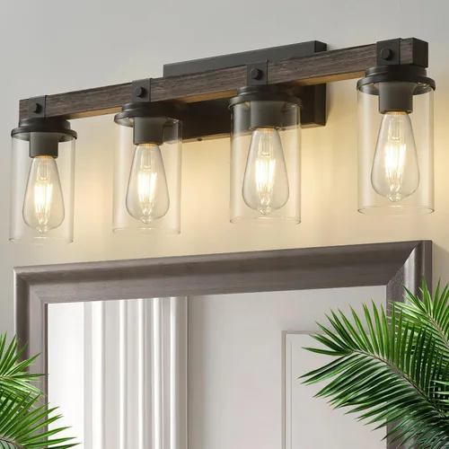Miniatura 9 de Lámpara de Baño Estilo Granja de Madera Negra, Iluminación de Tocador de 2 Luces, Aplique de Pared de Madera, Accesorio de Pared Industrial Rústico
