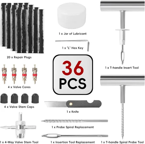 Miniatura 2 de PINKJOY Juego de 2 kits de tapones para neumáticos con tapones, 36 piezas para reparación de pinchaduras de neumáticos planos de coche, motocicleta