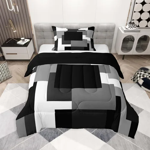 Miniatura 38 de jejeloiu Juego de edredón geométrico para niños, tamaño individual, diseño de rayas de color negro, blanco y gris, juego de ropa de cama decorativo