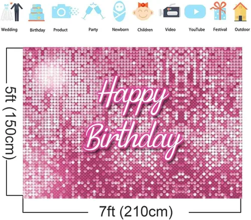 Miniatura 5 de Telón de fondo de cumpleaños cuadrado rosa con lentejuelas brillantes, paneles brillantes para fotografía de pared, fondo de fotografía de princesa