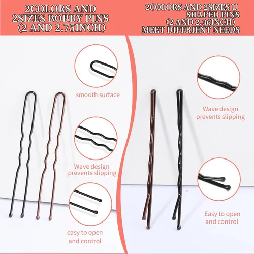 Miniatura 6 de Teenitor 300 piezas de pasadores y horquillas para el pelo, 100 pasadores y 100 horquillas marrones y negras para mujeres, 100 bandas para el pelo