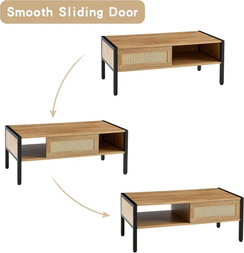 Miniatura 4 de Mesa de centro moderna de mediados de siglo con almacenamiento, mesa rectangular de madera de 40.16 pulgadas con panel de puerta deslizante de ratán