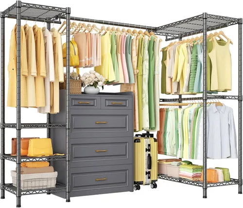 Miniatura 9 de ULIFHOME E10L - Perchero en forma de L para esquina (con barra de suspensión expandible), resistente y independiente para colgar ropa, perchero