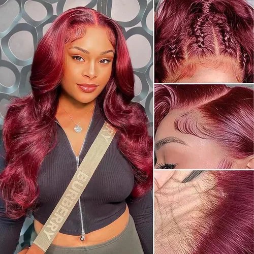 Miniatura 13 de Pelucas de cabello humano con encaje frontal color borgoña 99j de 13 x 6, densidad del 200 %, pelucas de encaje frontal HD 99j de color rojo