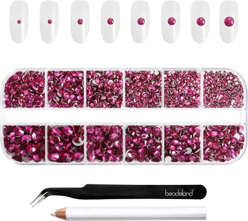 Miniatura 27 de Beadsland Diamantes de imitación para maquillaje, 8 tamaños, 2500 unidades de diamantes de imitación con parte trasera plana color burdeos, gemas