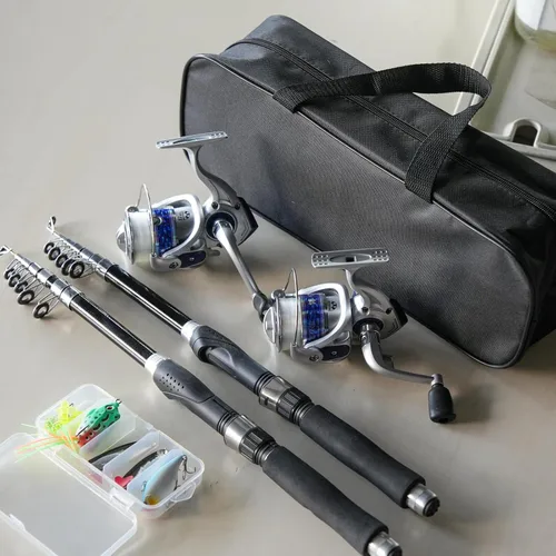 Miniatura 5 de Paquete de 2 cañas de pescar combinadas, carretes giratorios de fibra de carbono, bolsa transportadora de pesca para viajes, agua salada y agua dulce